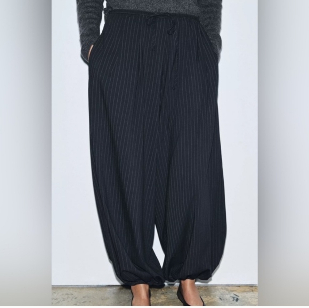 ZARA PINSTRIPE BALLOON PANTS BLUE NAVY - Picture 10 of 14